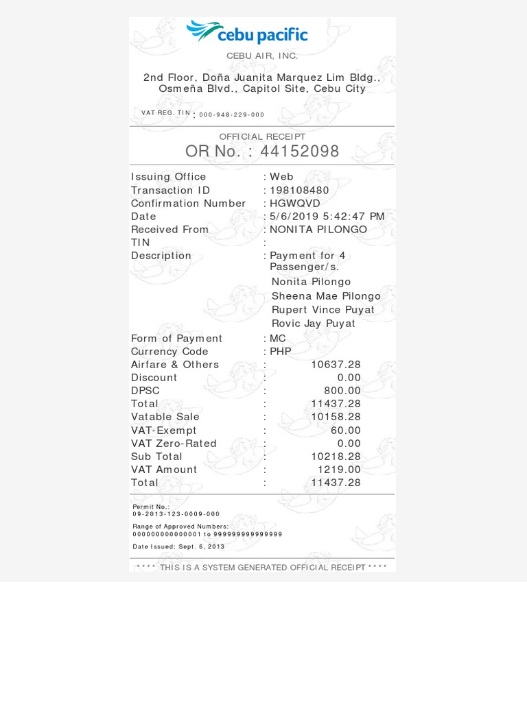Official Receipt For Air Flight Sample