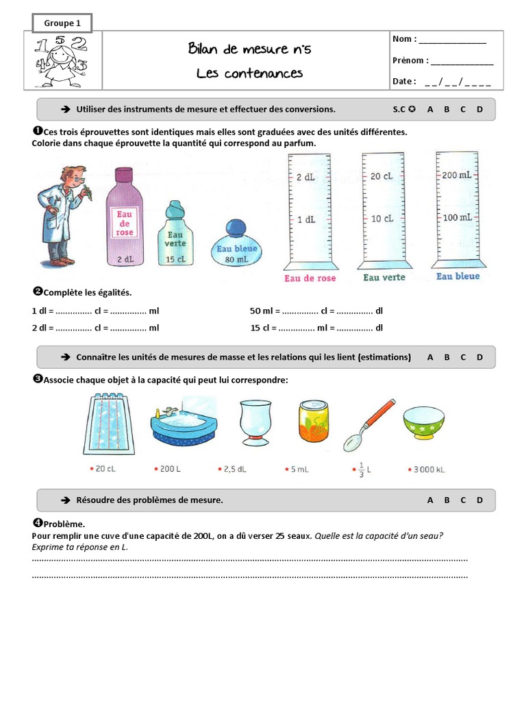 Mesure De Contenance Cm1 Exercices 5 Eval Contenances | PDF | Boissons | La nature