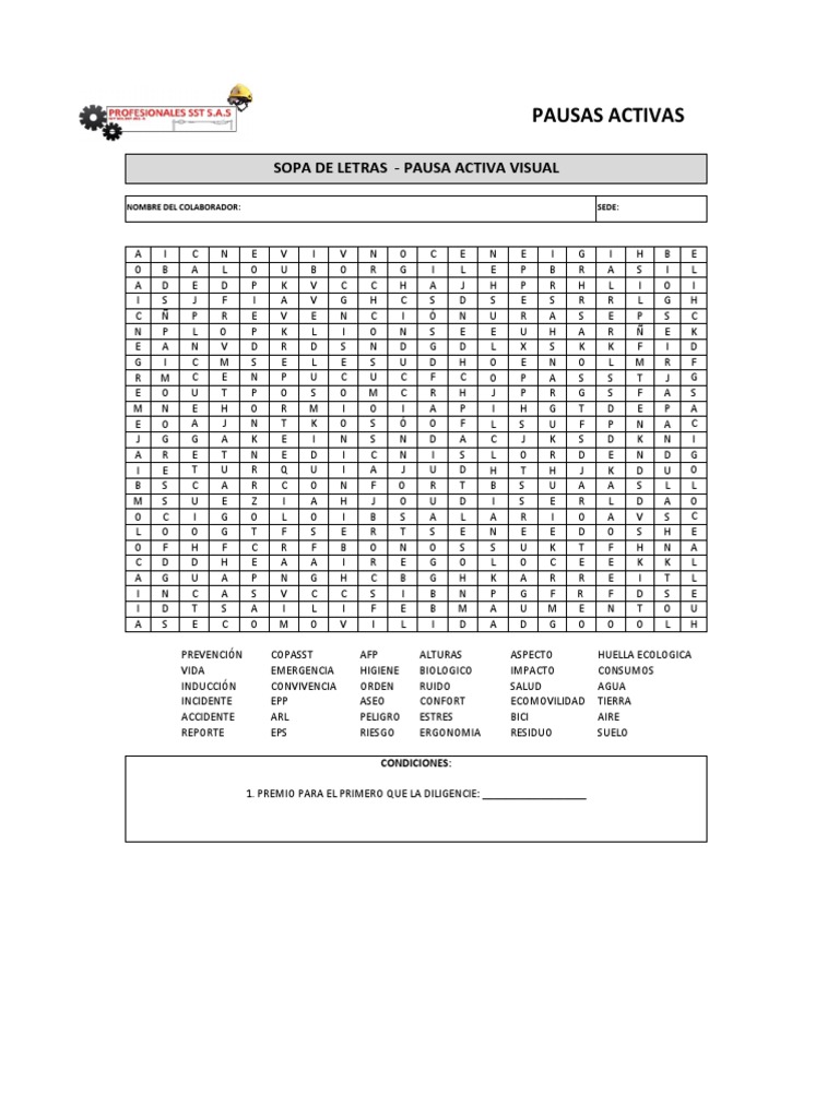 Sopa de Letras: Pausas Activas Visuales | PDF | Entorno natural ...