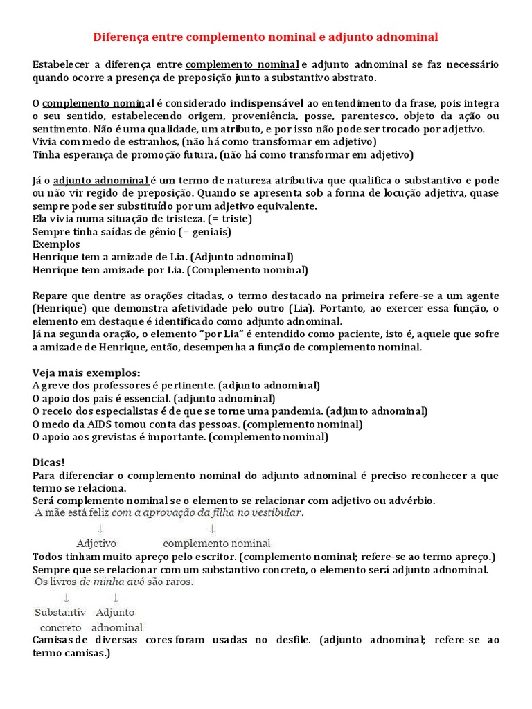 Diferença: Complemento vs Adjunto Adnominal | PDF | Substantivo | Sintaxe