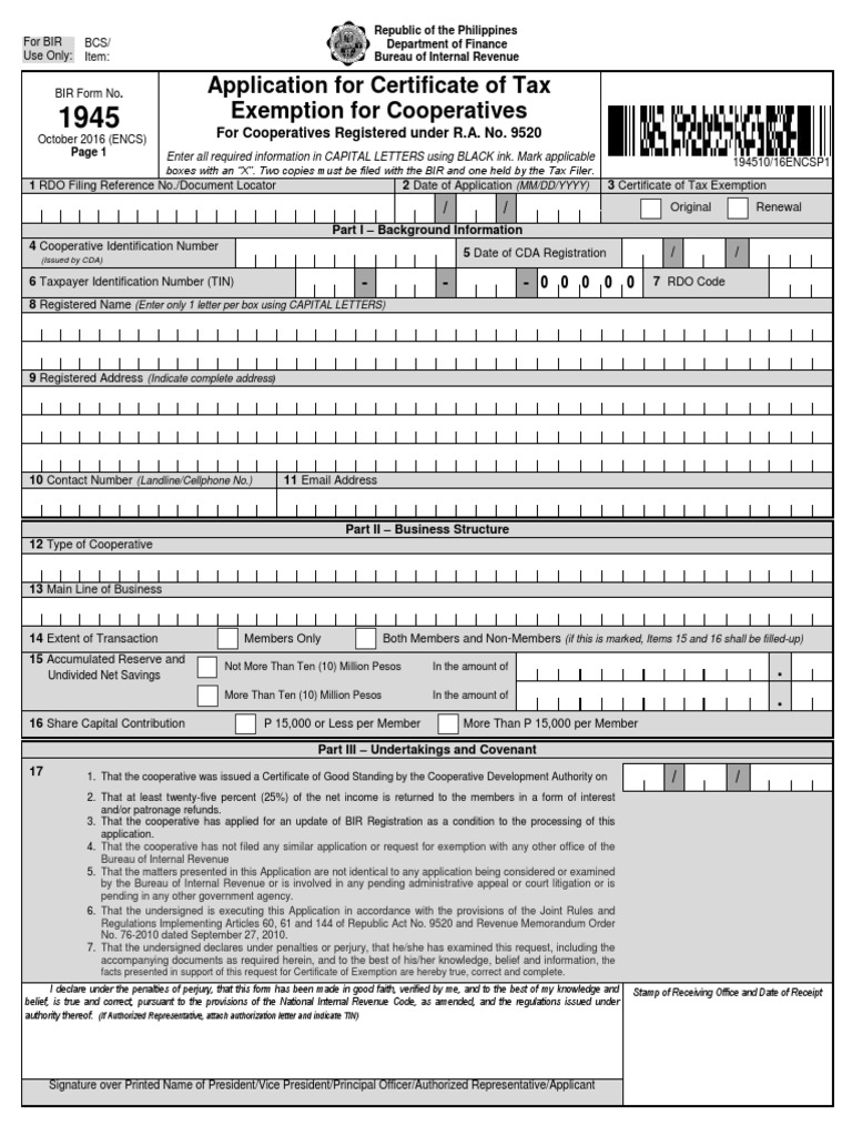 37BIR(1945) Certificate of Tax Exemption for Cooperative Internal