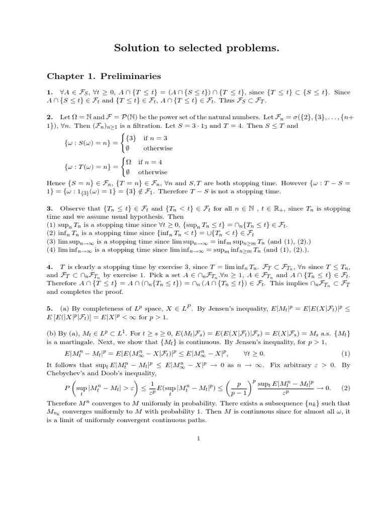 Solutions Selected Exercises First 3 Chapters For Stochastic Integration And Differential Equations Protter Probability Mathematical Concepts