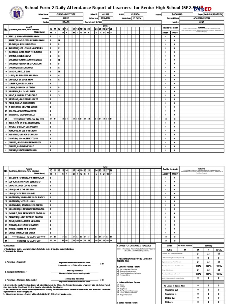 School Form 2 Daily Attendance Report of Learners For Senior High ...