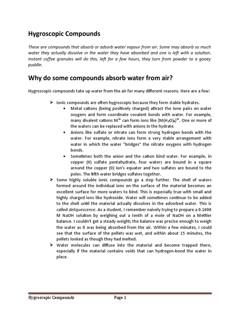 Hygroscopic Compounds Chemistry Physical Sciences