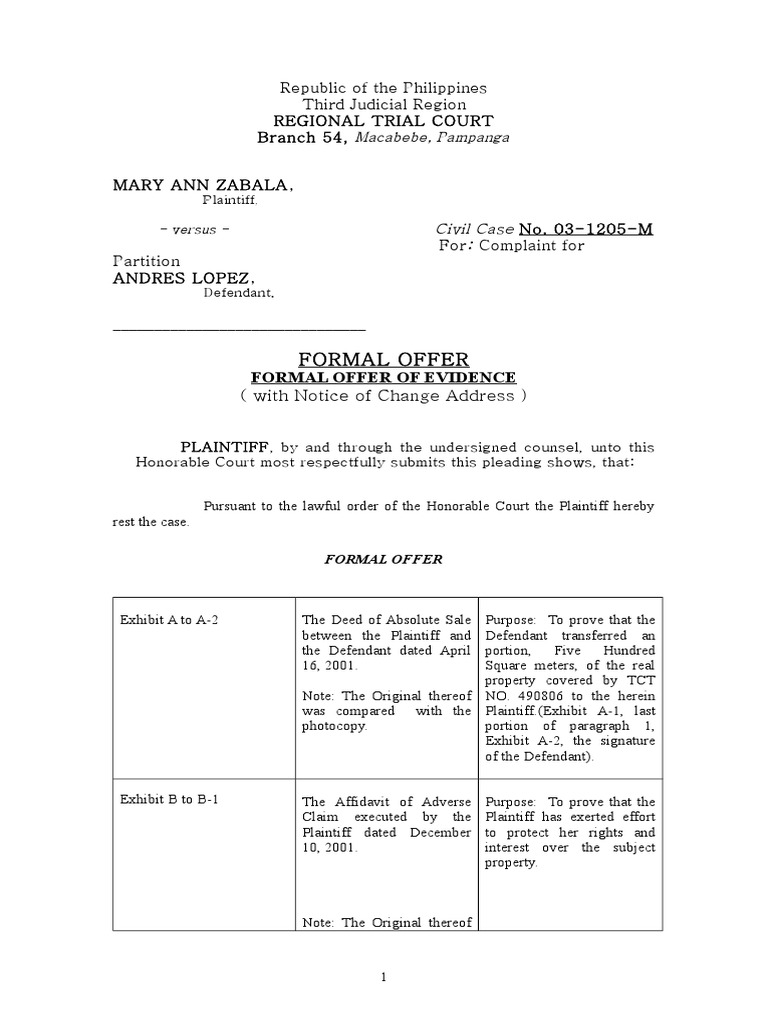 Formal Offer of Evidence in Partition Case | PDF | Plaintiff | Judiciaries