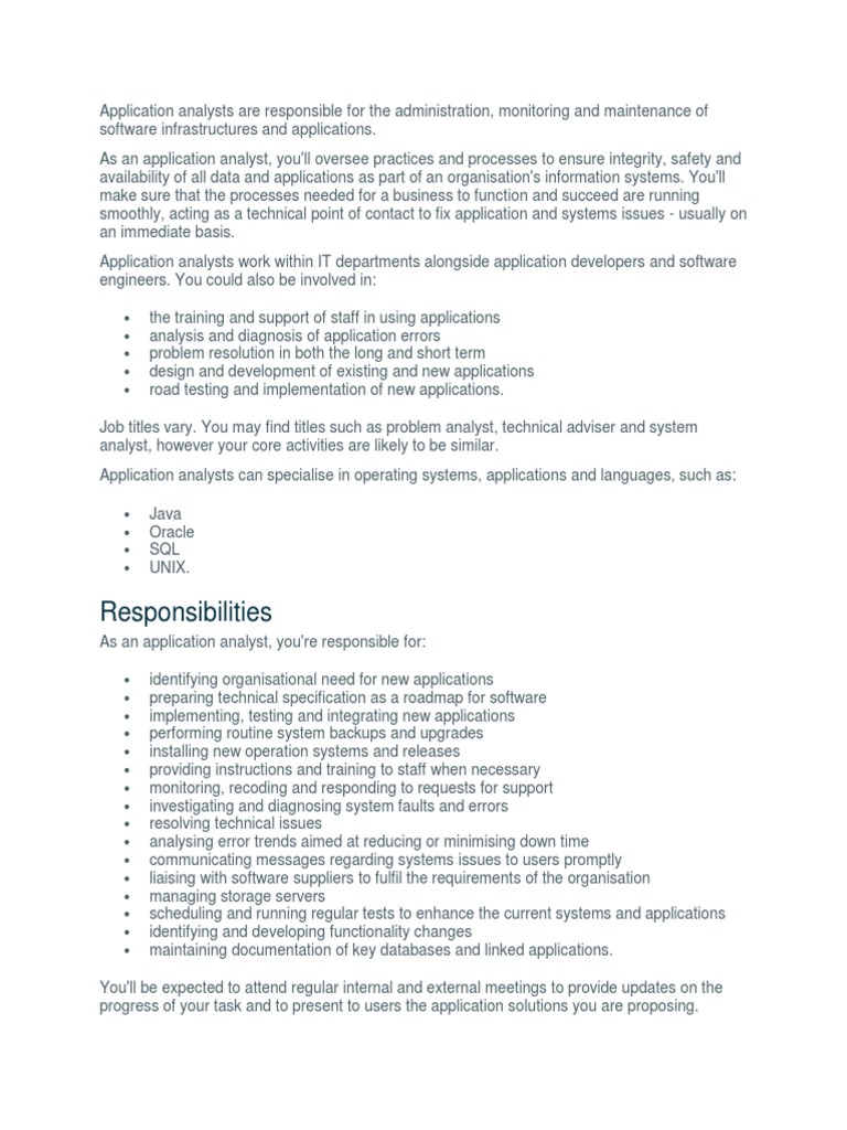 Application Analyst Roles and Responsibilities | PDF | Information ...