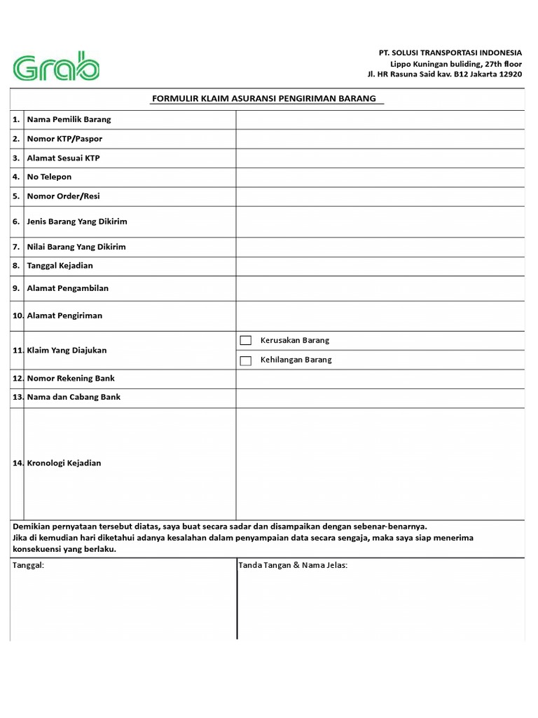 Formulir Klaim Asuransi Grab Express | PDF