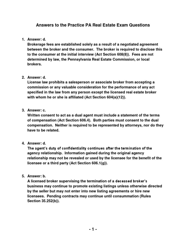 Answers To The Practice PA Real Estate Exam Questions PDF Real