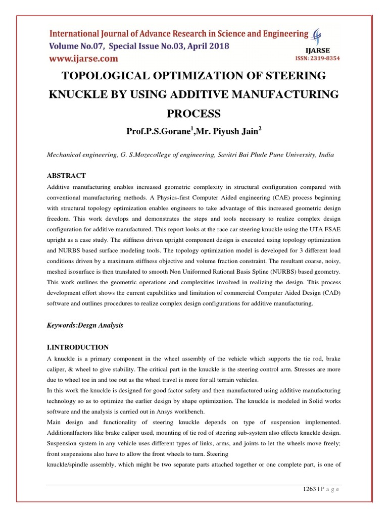 Topological Optimization of Steering Knuckle by Using Additive Manufacturing Process Download