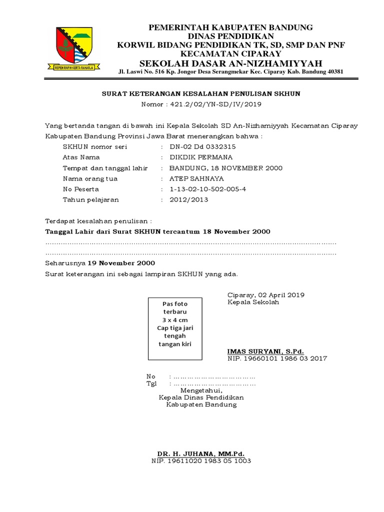 Format Surat Keterangan Kesalahan Penulisan Ijazah Atau Sttb Sekolah Masih Operasional
