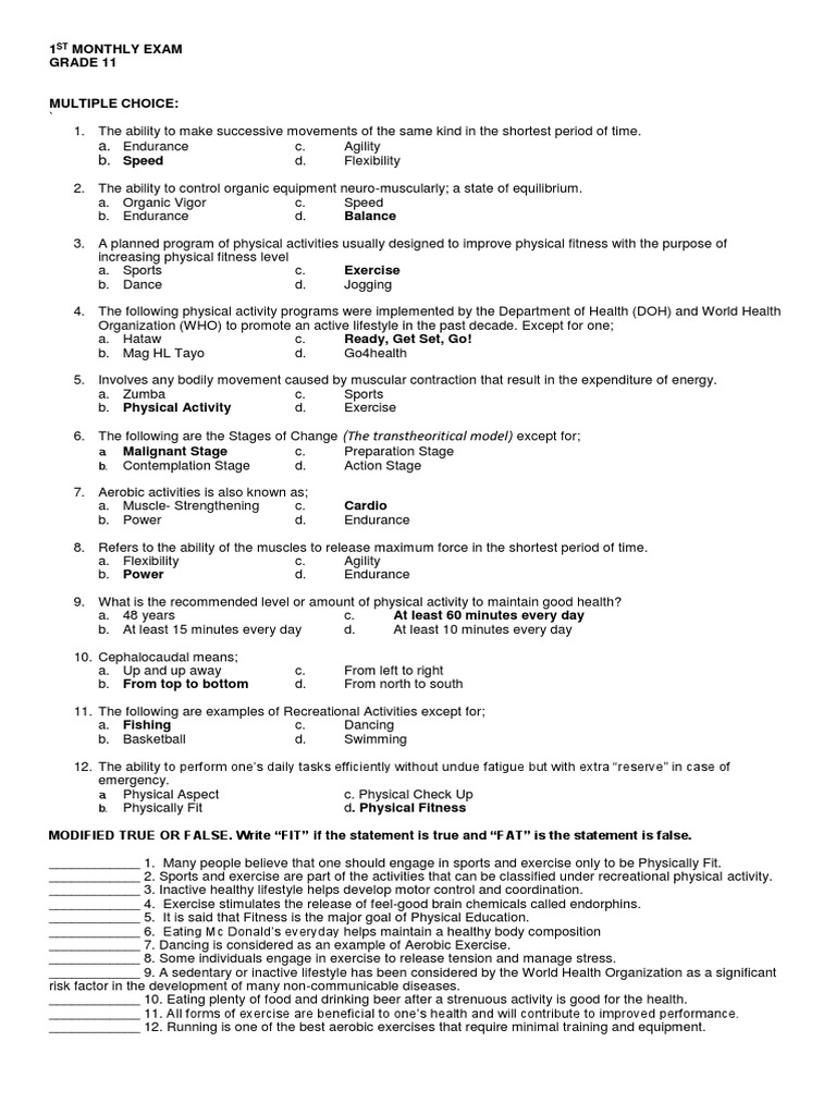 Grade 11 PE First Quarter Exam | PDF | Physical Fitness | Aerobic Exercise
