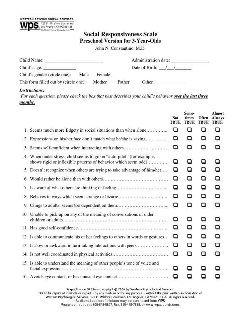 Appendix E 17 Study Start Social Responsiveness Scale Preschool Pdf Psychology Psychological Concepts