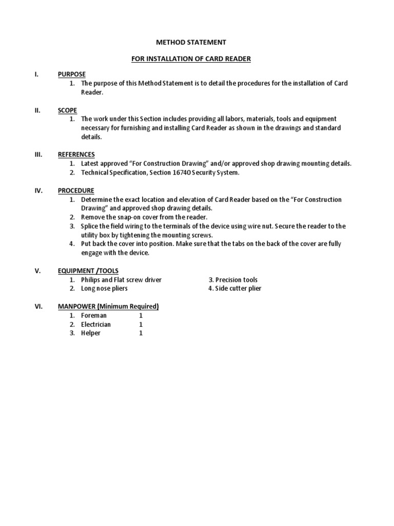 Method Statement For Card Reader | PDF