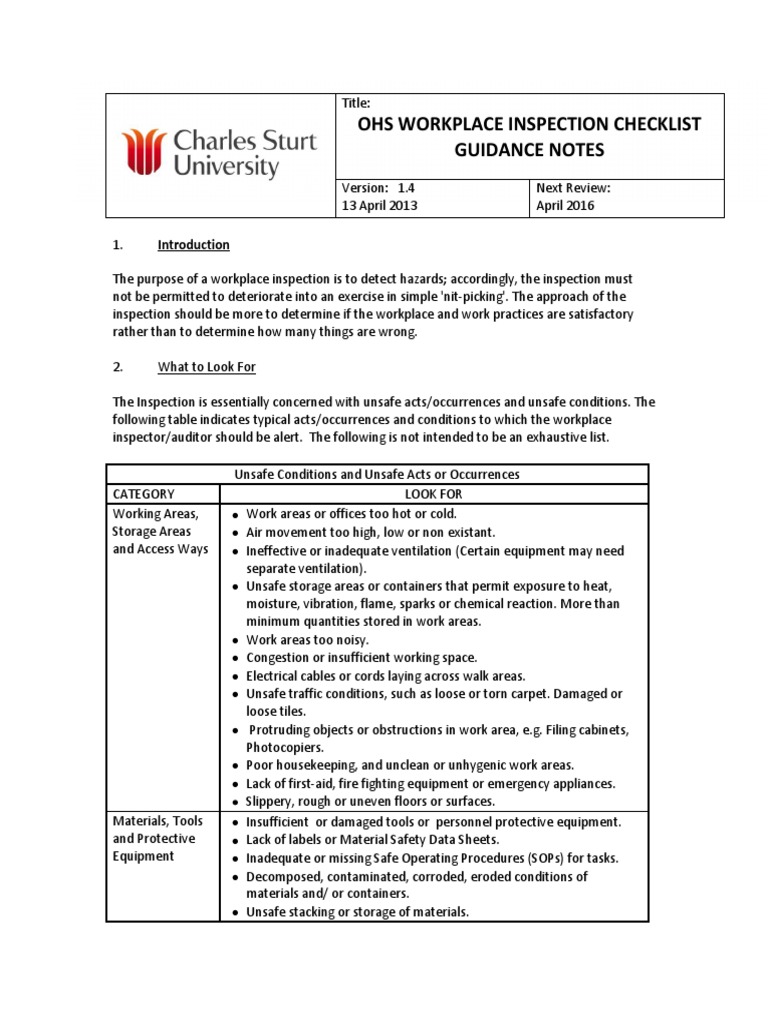 OHS Workplace Inspection Checklist Guide | PDF | Personal Protective ...