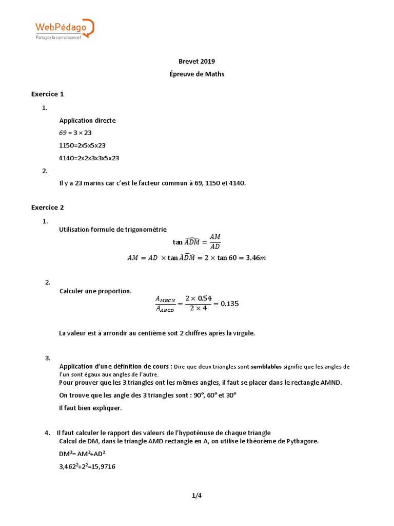 Brevet 2019 Maths Sujet Et Corrigé Pdf