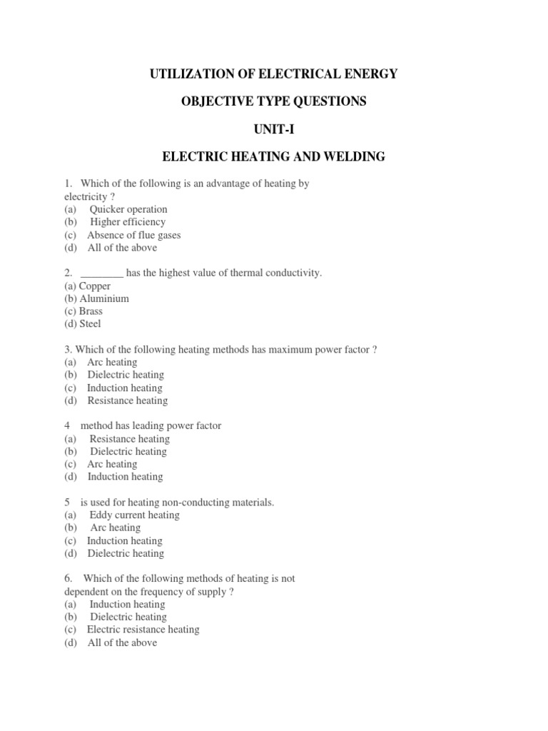 Utilization of Electrical Energy Objective Type Questions UnitI