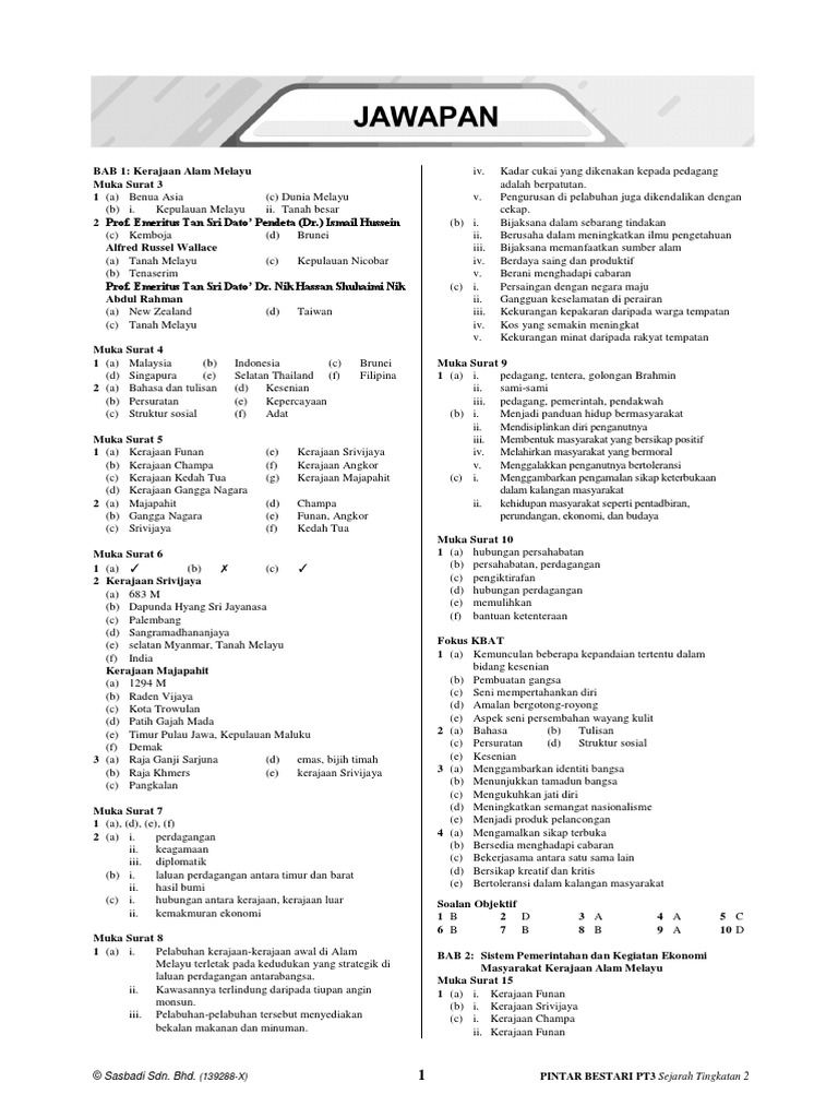 Jawapan Sejarah Tingkatan 2 Bab 9