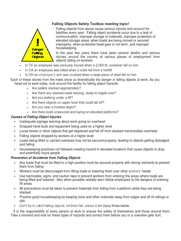 Falling Objects Safety Toolbox Meeting Topic!: o o o o o o | PDF ...