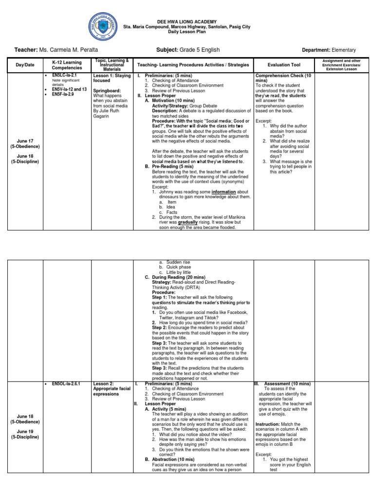 Grade 5 Daily Lesson Plan Overview | PDF | Reading Comprehension | Teachers