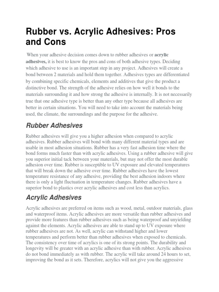 Acrylic Vs Rubber Adhesives PDF Adhesive Poly(Methyl Methacrylate)
