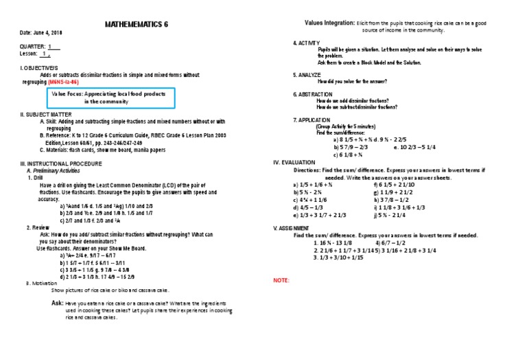 1 Adding Or Subtracting Disimilar Fractions | Pdf | Fraction (Mathematics) | Cognition