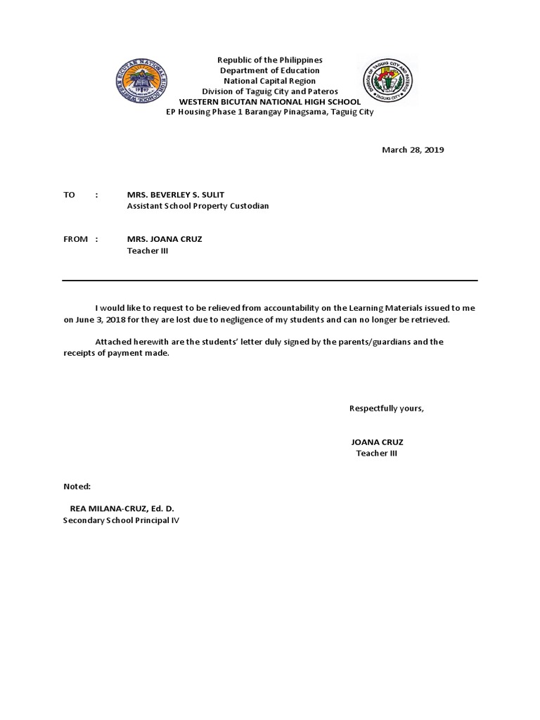 Relief From Accountability Sample Letter of Student Students