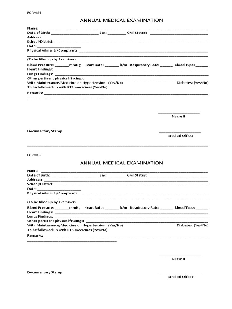 DepEd Form 86: Annual Medical Exam | PDF | Physical Examination ...