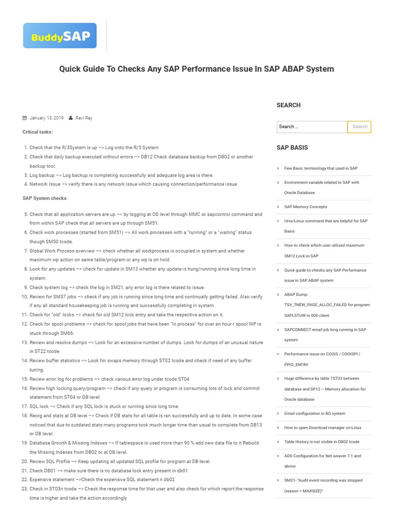 Quick Guide To Checks Any SAP Performance Issue in SAP ABAP System