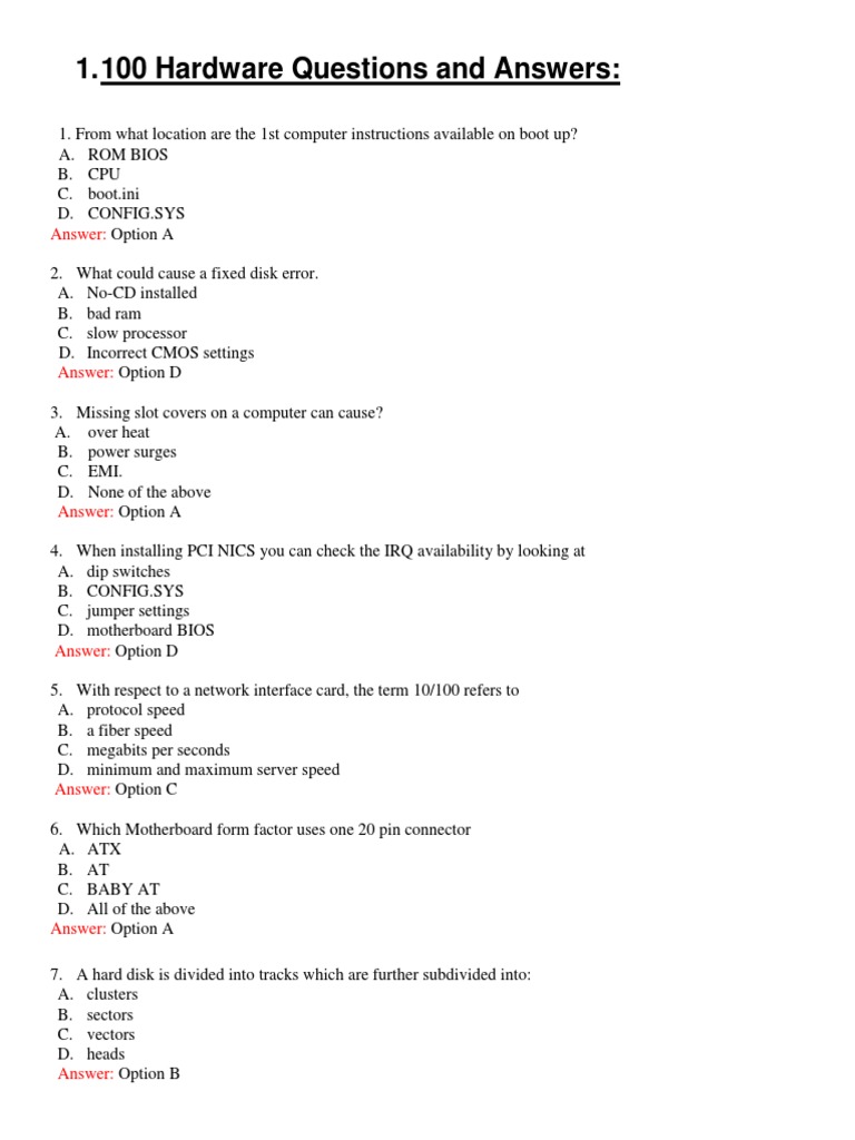 100 Hardware Questions and Answers:: Answer | PDF | Bios | Microsoft ...