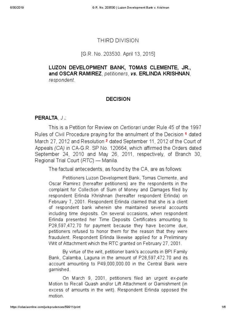 Luzon Development Bank v. Krishnan Case | PDF | Bail | Certiorari
