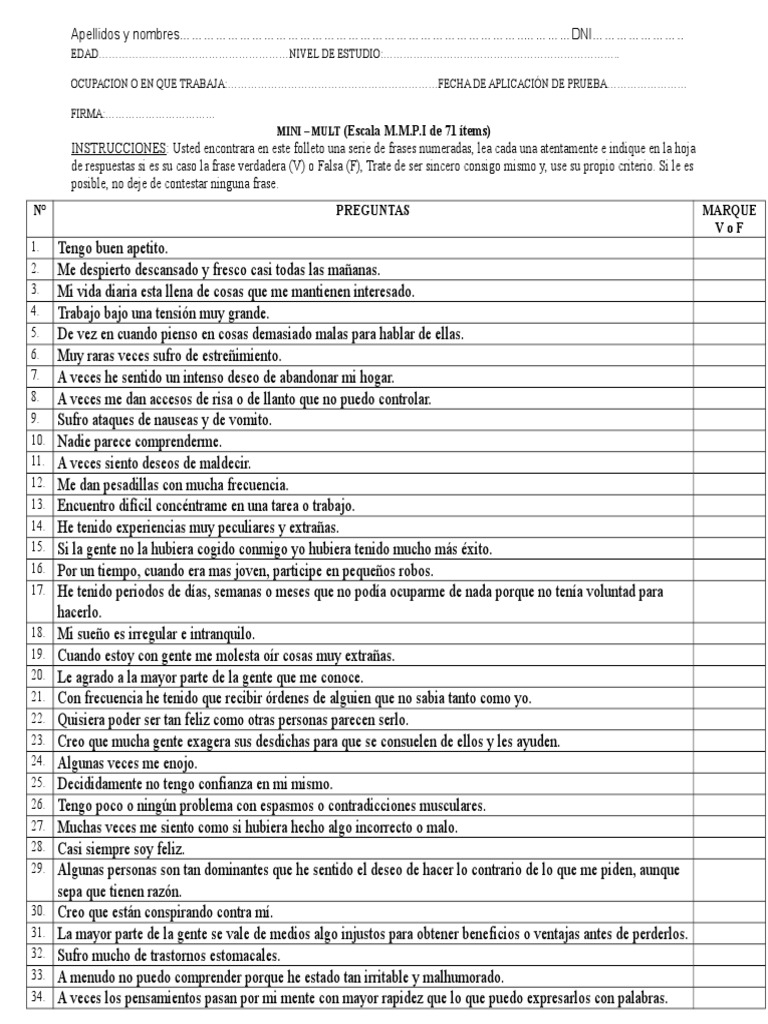 Cuestionario Mini Mult | PDF