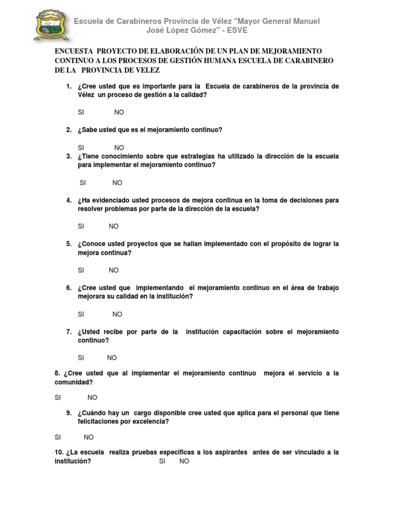 Encuesta Proyecto de Elaboración de Un Plan de Mejoramiento Continuo A ...