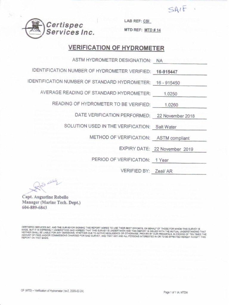 Hydrometer Certificate PDF PDF