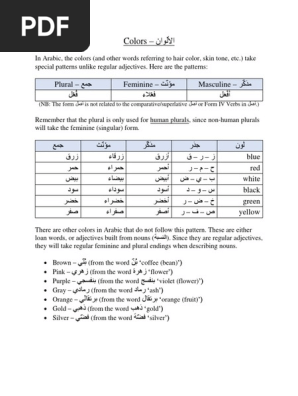 Colors In Arabic Grammatical Gender Plural