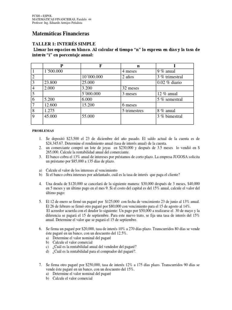Taller de Interés Simple en Finanzas | PDF | Tasas de interés ...