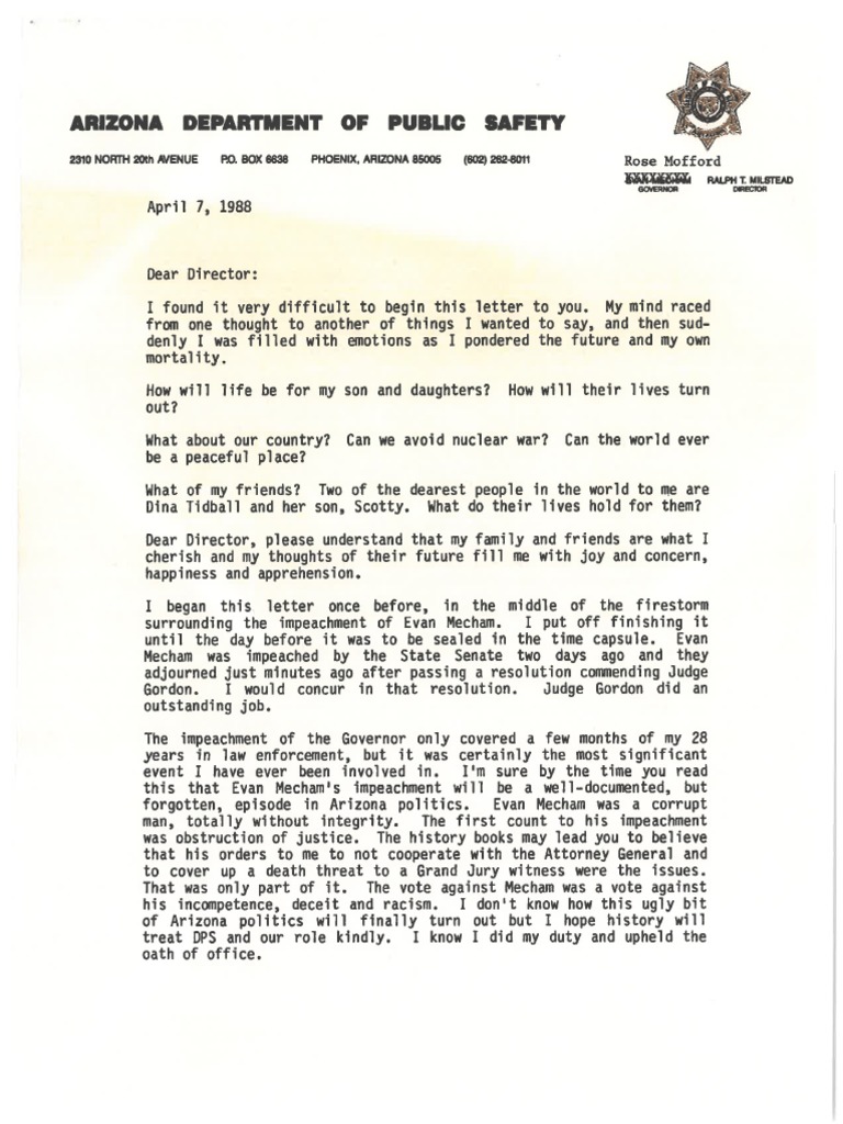 DPS Time Capsule Letter Dated 471988 From Director Ralph T Milstead