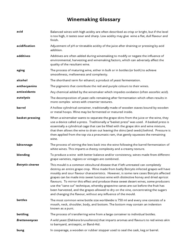 Winemaking Glossary PDF Winemaking Fermentation In Winemaking