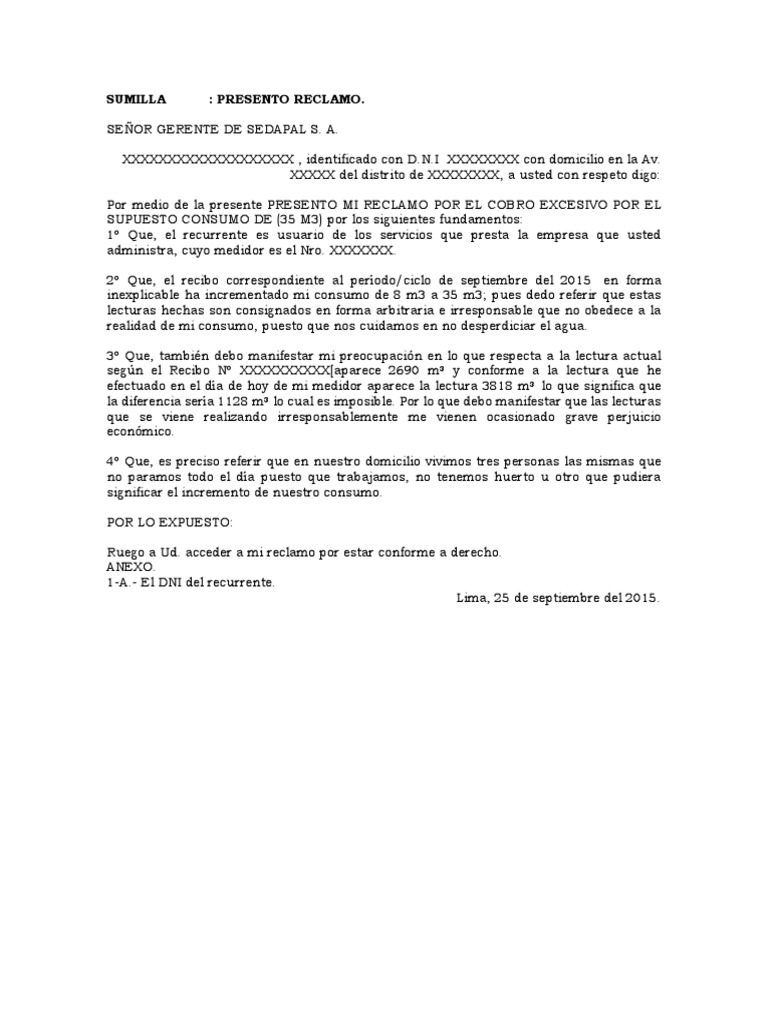 Reclamo por Cobro Excesivo de Agua | PDF | Finanzas y dinero