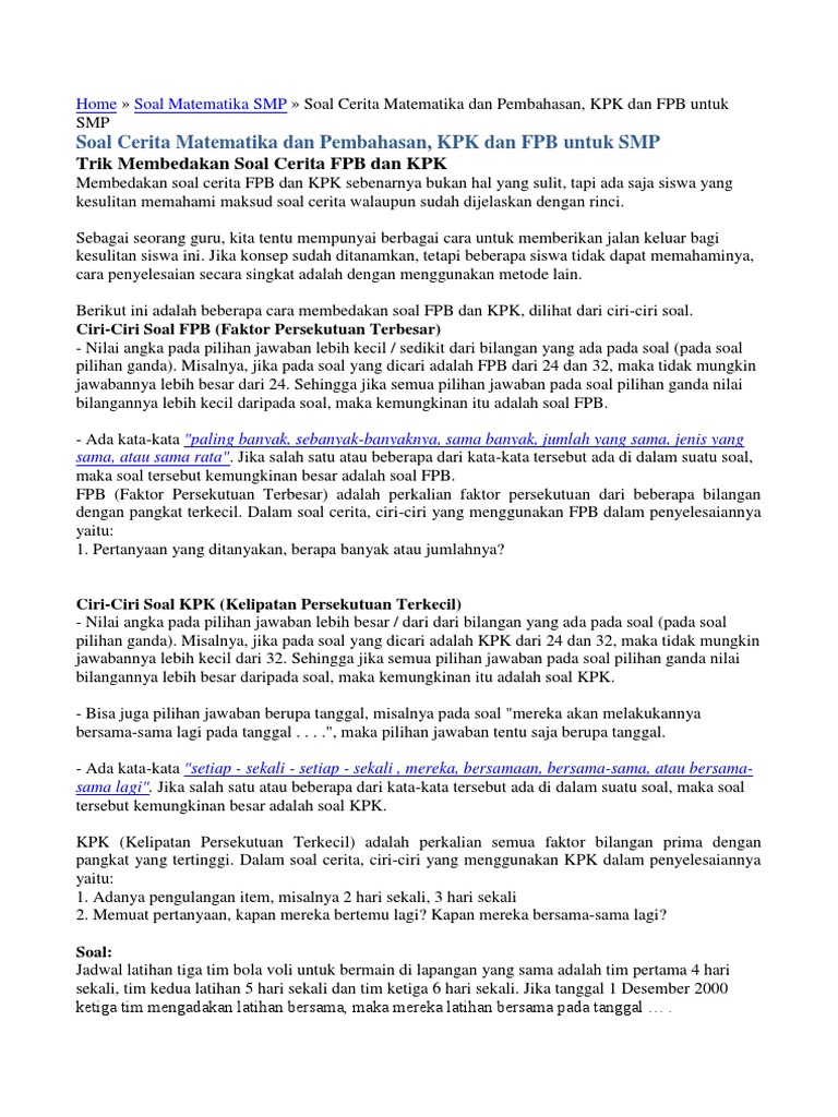 37 Contoh Soal Cerita Kpk Dan Fpb