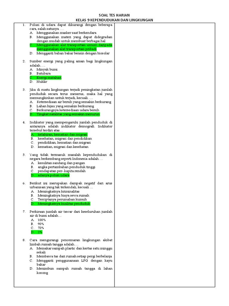 Soal Harian Kelas 9 Kependudukan Dan Lingkungan