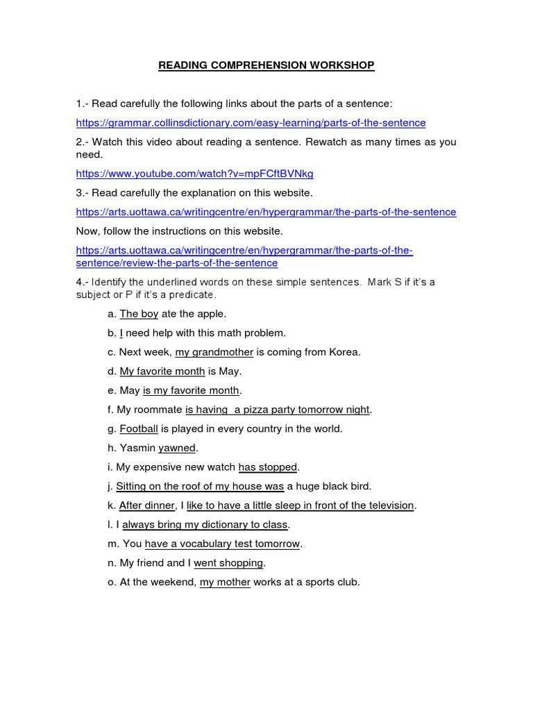 Reading Comprehension: Sentence Parts Guide | PDF | Language Arts ...