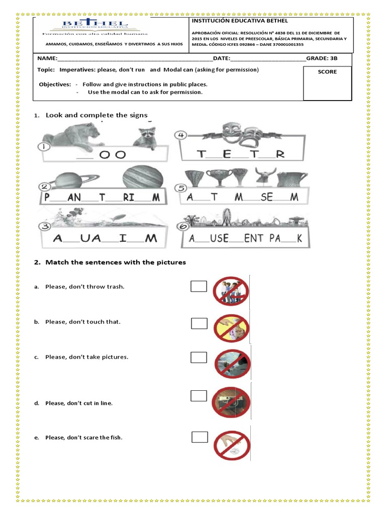 Look and Complete The Signs: 2. Match The Sentences With The Pictures ...