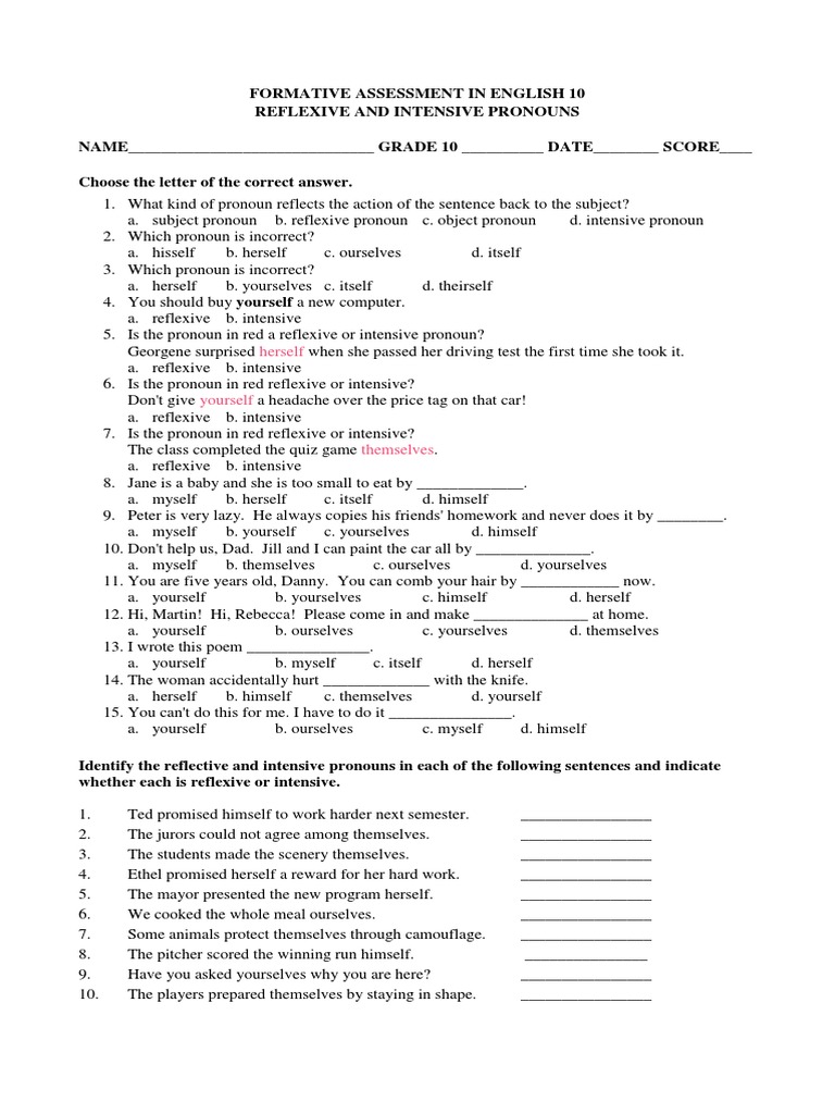Reflexive and Intensive Worksheet | PDF | Grammatical Number | Linguistics