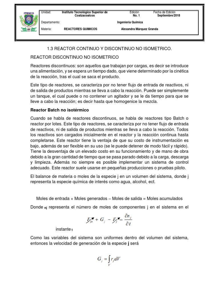 Reactor Continuo y Discontinuo PDF Reactor Quimico Química
