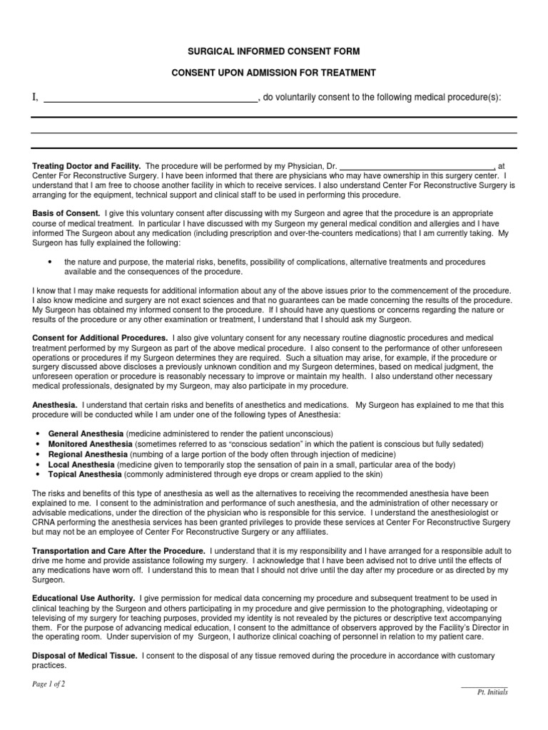 Surgical Informed Consent Form | PDF | Anesthesia | Informed Consent