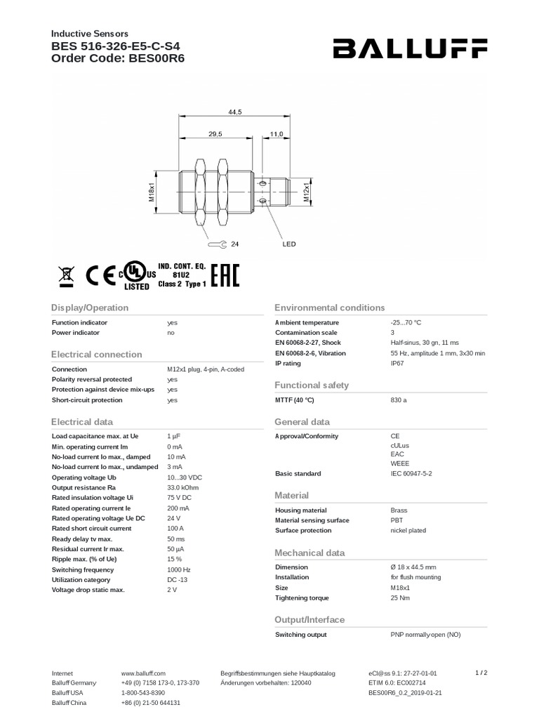 Balluff RPM Sensor | PDF | Switch | Electrical Components