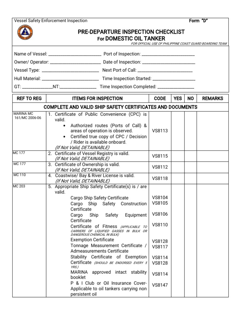 Domestic Oil Tanker Pre-Departure Checklist | PDF