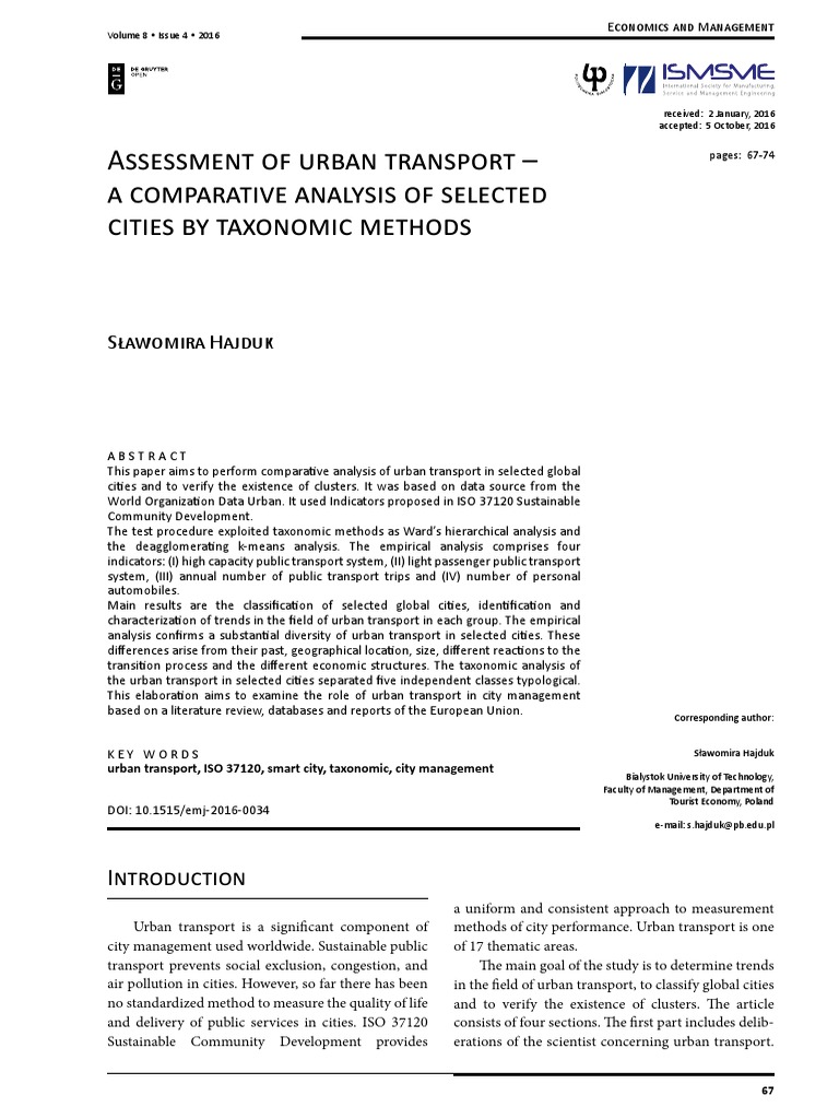 Assessment Of Urban Transport A Comparative Analysis Of Selected