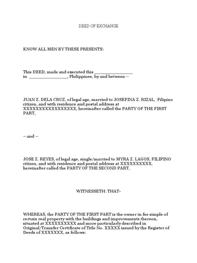 Deed of Exchange PDF Deed Property