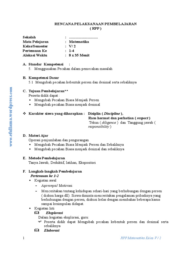 Rpp Berkarakter Sd Kelas 5 Smt 2 Matematika